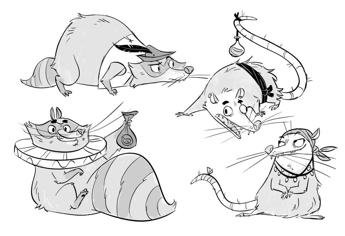 some spooky renfaire-esque trash baby doodles. Why don't you see more raccoons and possums as familiars, I'll never know! 