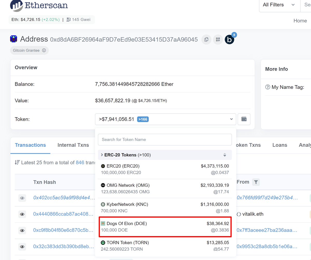 Hey <a href="/VitalikButerin/">vitalik.eth</a> It’s nice to see you have a $DOE token on your wallet! Are you for long term or fast profit?😂🚀🔥
#NFTs #dogsofelon 
Etherscan: vitalik.eth