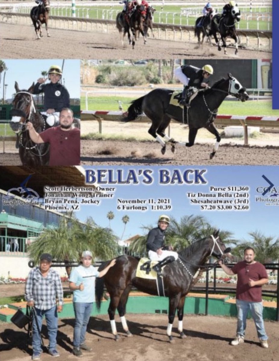 JAWongRacing's tweet photo. Bella’s Back scores a easy wire to wire victory today @turf_paradise. Congratulations and thank you to her owner Scott Herbertson &amp; @byronybest2 for the perfect ride 💪. @MJVETWong @callstheraces @FLAIRstrips https://t.co/uUUQOQEzL5