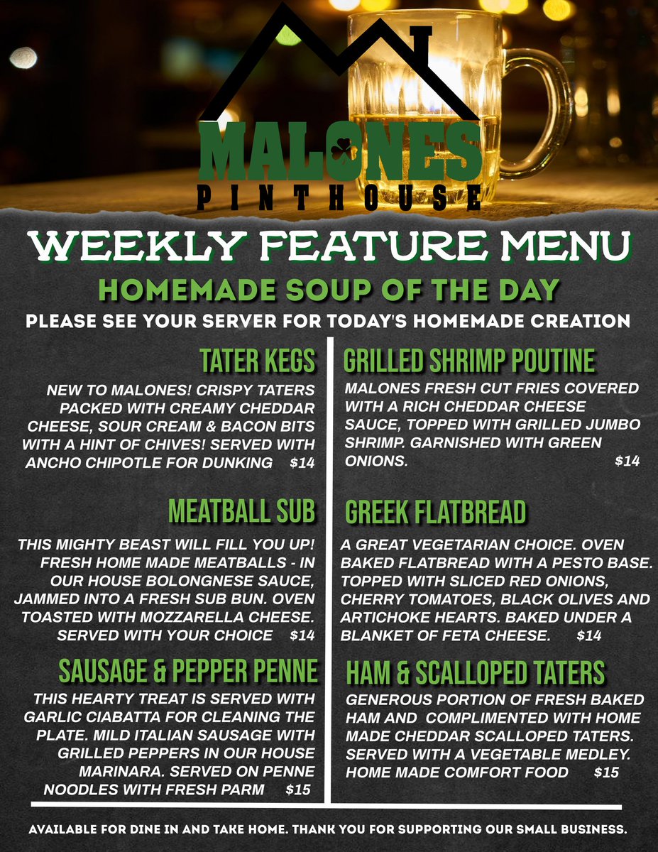 malonetyme's tweet photo. Check out our Weekly Feature menu, on now until Sunday at the Pint House!
We still have all your menu favourites plus our homemade soup of the day!
Come see us for lunch or dinner or call ahead for takeout at 705-739-9070.
#homecooked #weeklyfeatures #homemadesoup https://t.co/zA70nOAp7V
