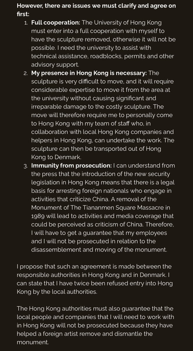 TMclaughlin3's tweet photo. Open letter to the University of Hong Kong from Pillar of Shame sculptor Jens Galschiøt who says he would like to come remove the statue from the campus. He has previously been barred from entering Hong Kong: https://t.co/L9UgUnCEfo