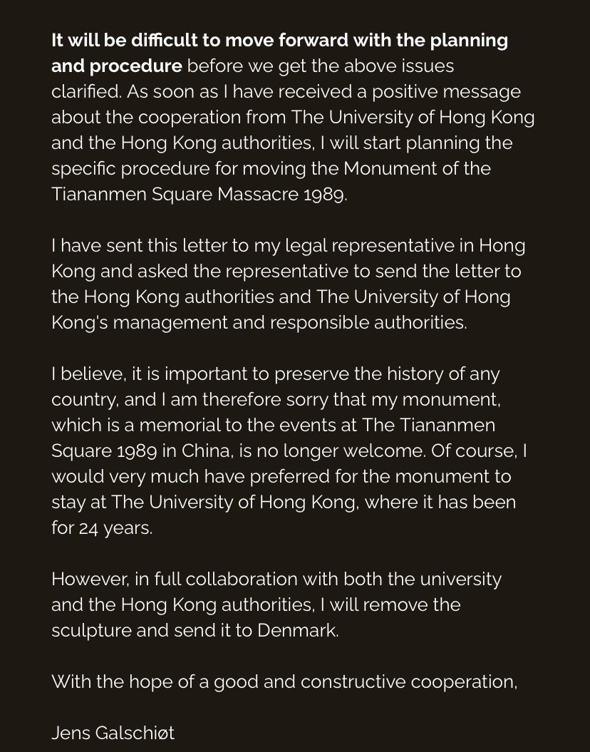 Open letter to the University of Hong Kong from Pillar of Shame sculptor Jens Galschiøt who says he would like to come remove the statue from the campus. He has previously been barred from entering Hong Kong: