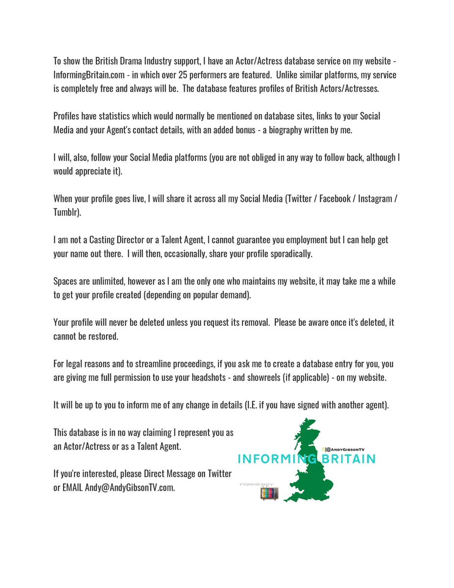 AndyGibsonTV's tweet image. *CALLING BRITISH ACTORS*

I can give you a free profile in a database of #BritishActors.

I can't guarantee you work, I'm not an agent or casting director, but if you'd like to get your name out there more then I can sure do that.

See image for details.

#PromoteAnActor