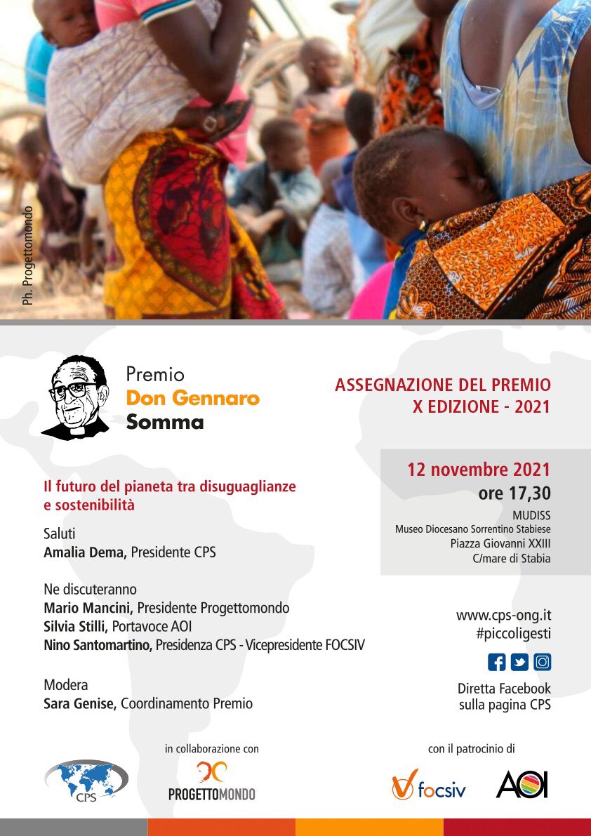 Ciao a tutti! Venerdì 12 alle h 17:30 c’è la consueta serata conclusiva del Premio #DonGennaroSomma. Coglieremo l'occasione anche per discutere su disuguaglianze e sostenibilità. Lo faremo insieme a tanti ospiti. Vi aspettiamo!