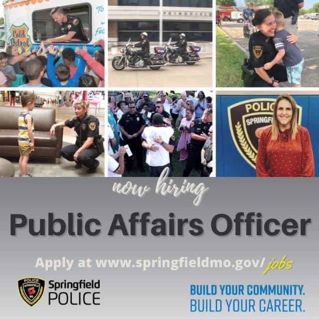 Interested in working in law enforcement within the field of communications? Come join our award-winning communications team as the new <a href="/SGFPolice/">Springfield PD</a> Public Affairs Officer! Apply at springfieldmo.gov/jobs #SGFjobs