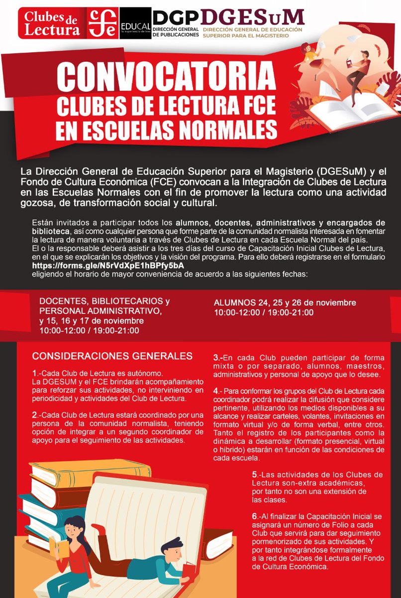 ENSH_SEPH's tweet image. 🟥 Departamento de Bibliotecas, Lectura y Escritura, nos envían la Convocatoria que de manera conjunta lanzan la DGESuM y el FCE, con la finalidad de promover la lectura como una actividad gozosa, de transformación social y cultural 💁🏻
#SomosENSH #EscuelaNormalSierraHidalguense