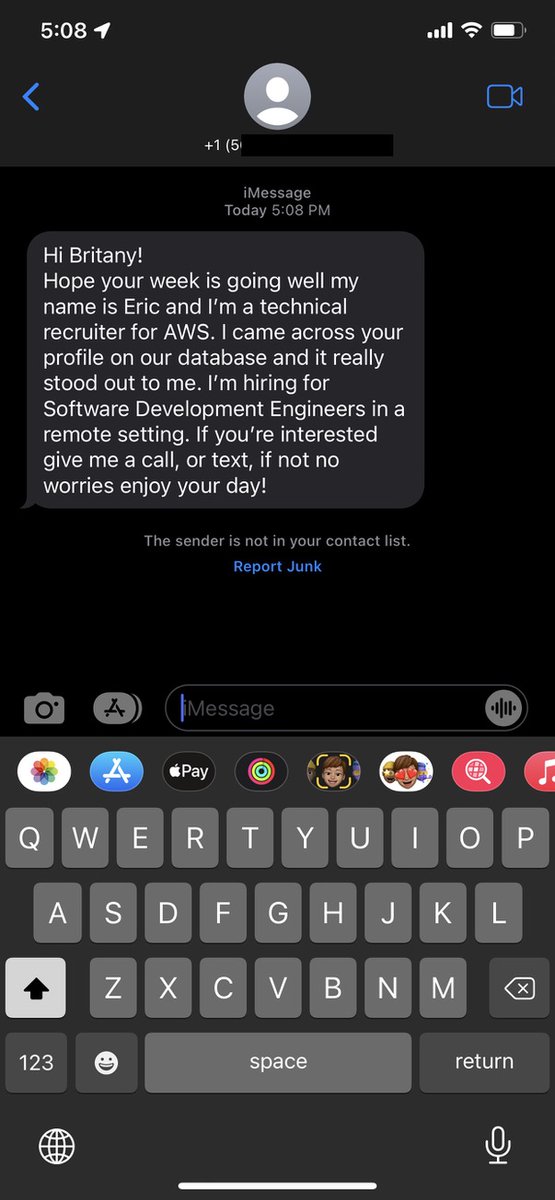 This is NOT okay. I have no idea who Eric is and do not have an application out to Amazon. The cold emails to personal email addresses, cold calls and now apparently cold texts from all these recruiters have to stop.