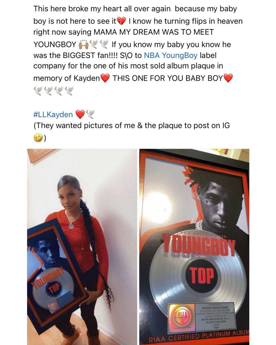 Akademiks's tweet photo. Remember the 9 year old kid who drowned at the beach who was buried in a NBA Youngboy themed casket? Well youngboy label sent a plaque to his mother dedicated to her lost son. https://t.co/LWoypyof2X