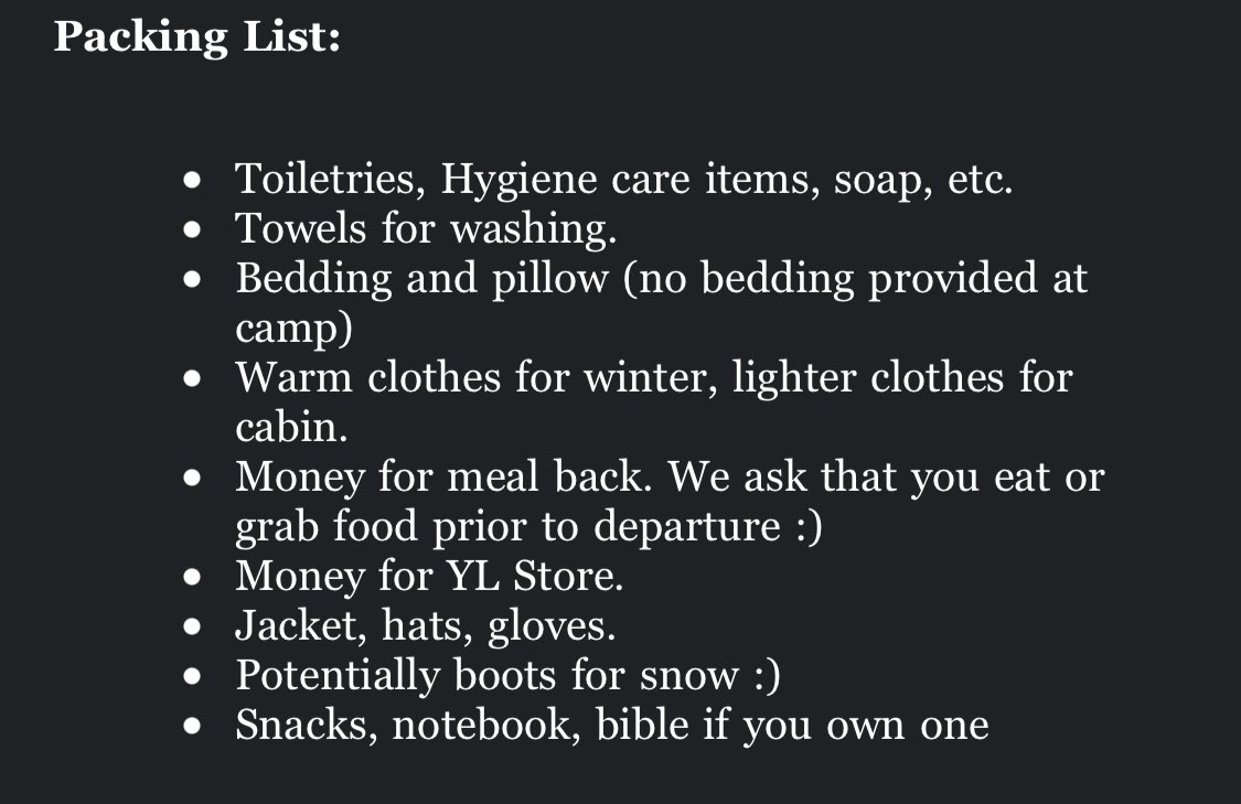 ScottCountyYL's tweet photo. FALL CAMP IS 24 HOURS FROM NOW! See the packing list below 😀

Meet at Bridgewood Church by 550 pm tomorrow (Friday).

#scyl #younglife https://t.co/iFtcSJzeia