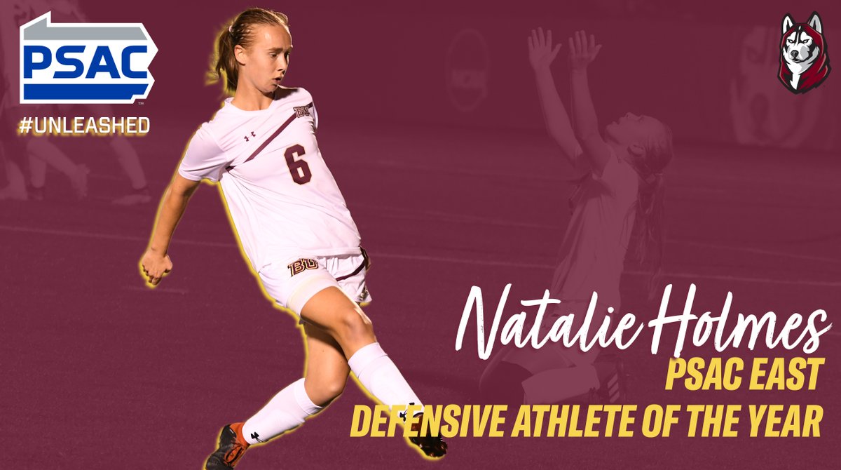 GoBUHuskies's tweet photo. Gr. Natalie Holmes leads the @BUHuskies_wsoc defense that has the sixth-best GAA in @NCAADII and was named the 2021 @PSACsports East Women's Soccer Def. Player of the Year. Srs. Helen Flynn and Paige Harris join Holmes on the First Team! 

#Unleashed

🔗 - https://t.co/JLP7svYaf8 https://t.co/DkKCyHGn1O