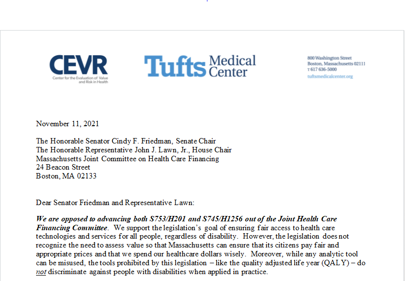 CEVR (@tuftscevr) on Twitter photo CEVR faculty & staff oppose <a href="/MassLegislature/">Mass Legislature</a> bills limiting cost-effectiveness analysis
Read the letter they sent to Beacon Hill: tinyurl.com/4b3pcwmr
<a href="/jchambers241/">James Chambers</a> <a href="/ddkim62/">David D. Kim (김대호)</a> @tara_lavelle <a href="/PaigeLin_HEOR/">Paige Lin</a> <a href="/PeterNeumann1/">peter neumann</a> <a href="/NOlchanski/">Natalia Olchanski</a> @dollendorf <a href="/PSynnott29/">Patricia Synnott</a> <a href="/icer_review/">ICER</a> CEVR faculty & staff oppose <a href="/MassLegislature/">Mass Legislature</a> bills limiting cost-effectiveness analysis
Read the letter they sent to Beacon Hill: tinyurl.com/4b3pcwmr
<a href="/jchambers241/">James Chambers</a> <a href="/ddkim62/">David D. Kim (김대호)</a> @tara_lavelle <a href="/PaigeLin_HEOR/">Paige Lin</a> <a href="/PeterNeumann1/">peter neumann</a> <a href="/NOlchanski/">Natalia Olchanski</a> @dollendorf <a href="/PSynnott29/">Patricia Synnott</a> <a href="/icer_review/">ICER</a>