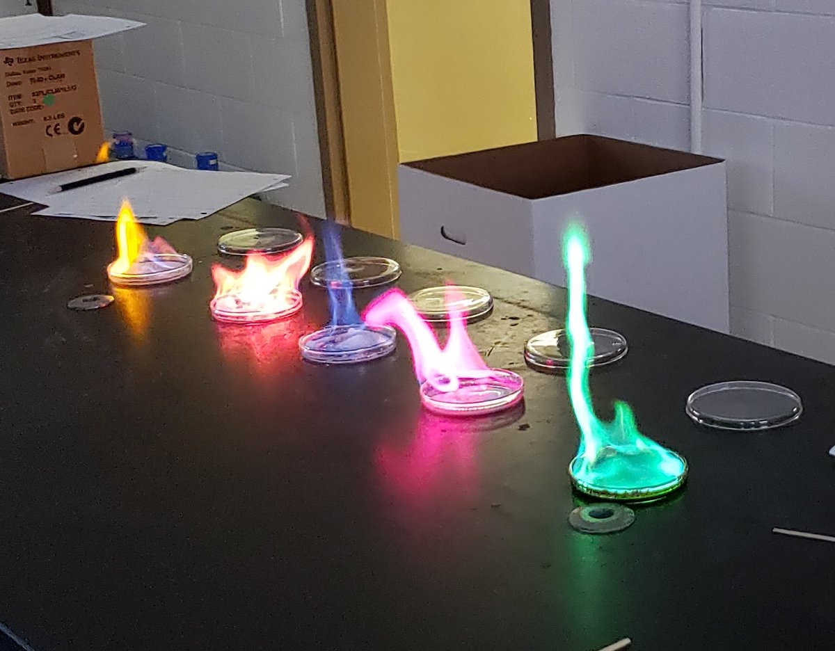 GsstChemistry's tweet photo. The chemistry students observed a distinctive color of light for several ionic salts using flame tests.  Only a few elements give off characteristic light in the visible region of the spectrum.  #GSST @NHGSST https://t.co/JOwjzeLTS3