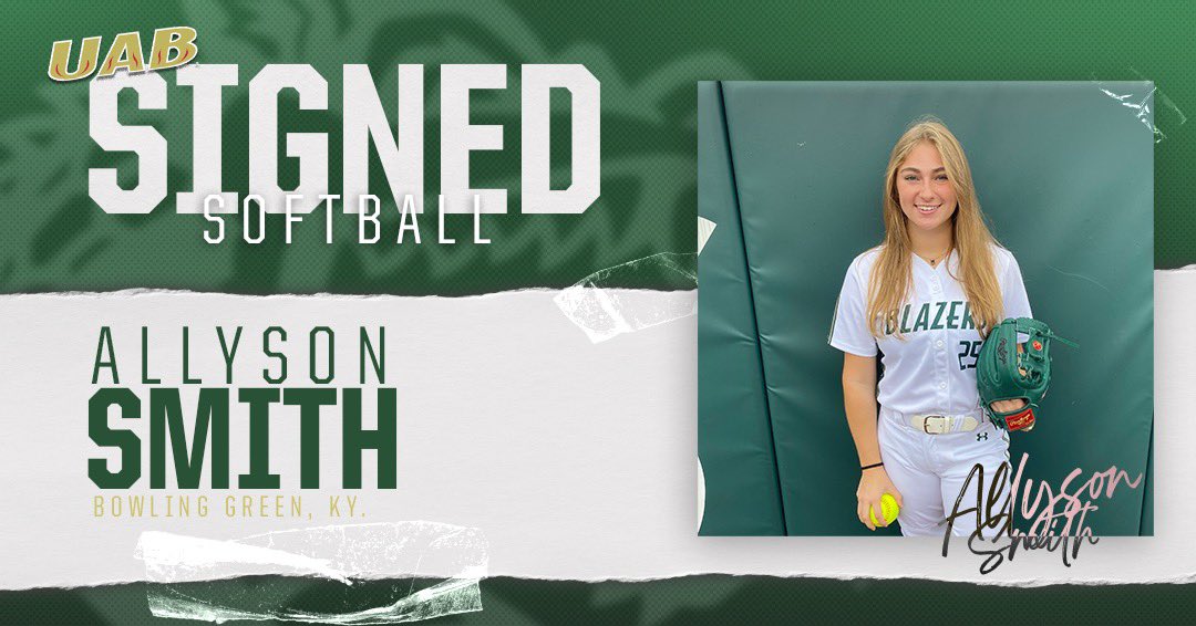 UAB_SB's tweet photo. Welcome to Birmingham!! Allyson Smith is officially a Blazer!! 🏐🥎✍🏻💚💛🐉
#WinAsOne https://t.co/cQNcmpvJBM