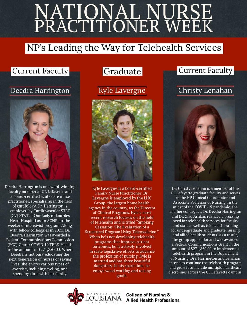 Happy Thursday! Today we spotlight NP's Leading the Way for Telehealth Services! 🤟❤
#NPWeek #NPWeek2021 #RaginCajunRNs