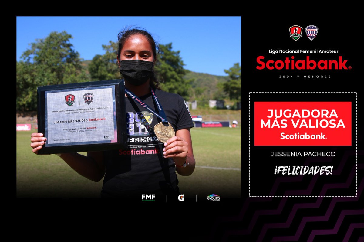 SectorAmateur's tweet photo. #LNFAS | Muchas felicidades Jessenia Pachecho  👏🏻 por ser la jugadora más valiosa 💪🏻 de la Liga Nacional Femenil Amateur Scotiabank en la categoría 2️⃣0️⃣0️⃣4️⃣ y menores.

#DondeNaceLaPasión #FMFPorNuestroFútbol @ScotiabankMX @ScotiabankFC @gatorademex @epuraoficial https://t.co/J5qOzr3Etg