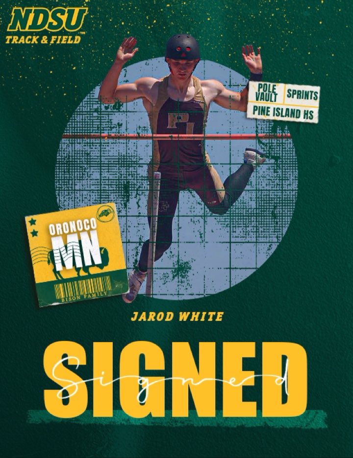 NDSUTrackField's tweet photo. Welcome Minnesota state champion Jarod White to the Bison! 

🦬 16-foot pole vaulter
🦬 Pine Island HS https://t.co/QFABh3T3A5