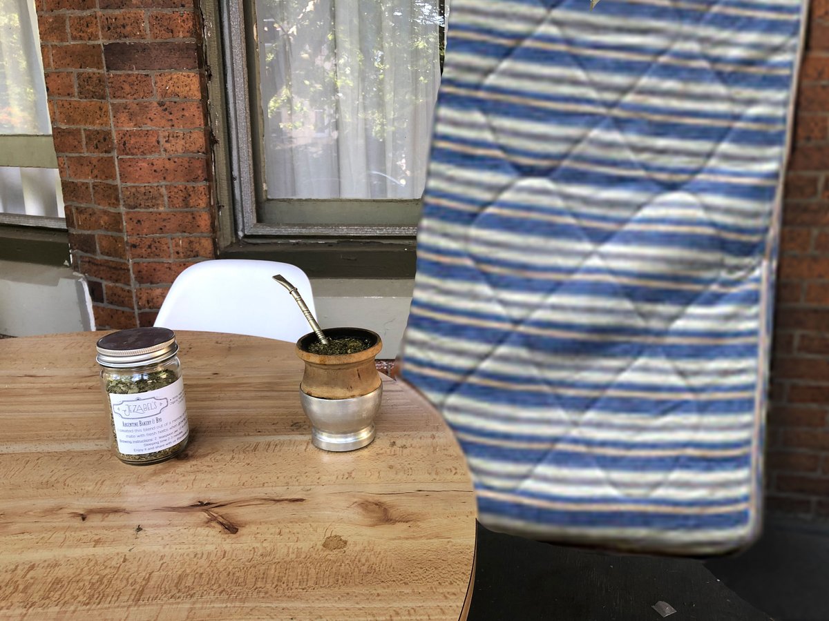 thoughtsofbed's tweet photo. Enjoying some #yerbamate with my good friend @chair. The mate looks delicious, really wish I had a #mouth #bed https://t.co/NUK211Ysvd