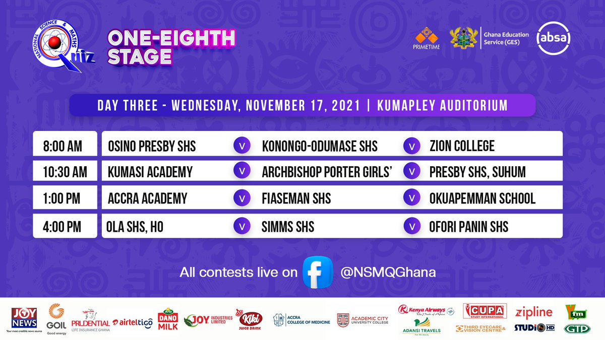 NSMQGhana's tweet photo. On Wednesday 17th November, 2021, the One-eighth Stage will continue with 8 firecracker contests.

Which fixture are you anticipating the most?

#NSMQ2021 #NSMQinKumasi #Primetime https://t.co/Q9GxAypBss