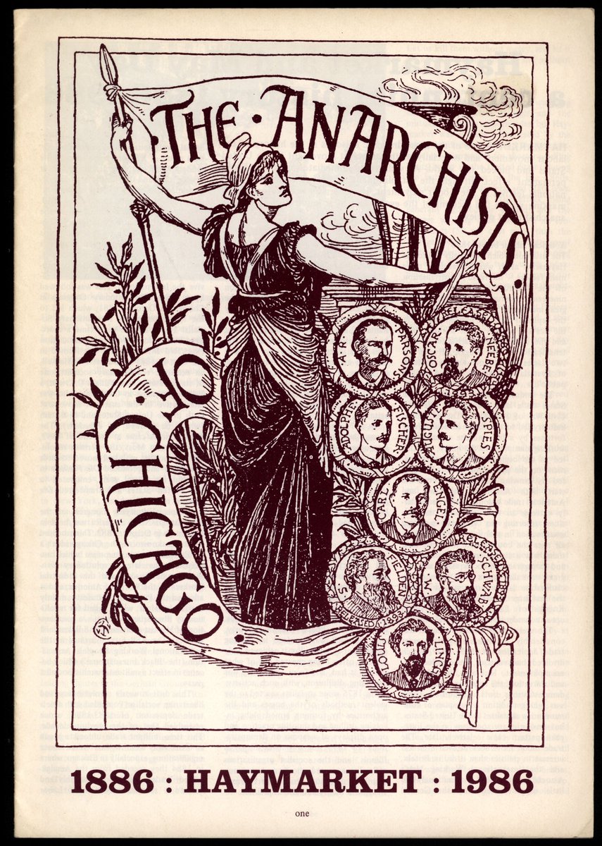 Engraving by English Arts and Crafts illustrator Walter Crane of "The Anarchists of Chicago" featuring a woman holding a banner that reads, "The Anarchists of Chicago" next to 8 drawn headshots of those who were murdered and exiled. Text at the bottom reads 1886 Haymarket.