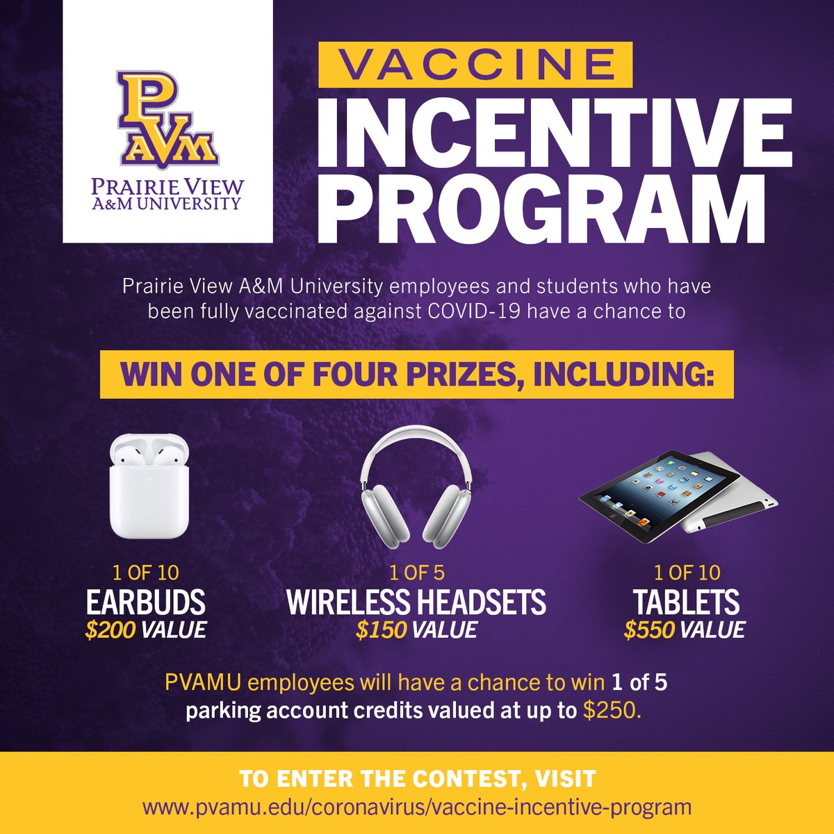 Friendly reminder Panthers!! You have until November 19th to enter the vaccine incentive program! 

ENTER NOW: pvamu.edu/coronavirus/va…

Spread the word!! #PVAMU #GetVax'd #ProtectTheHill
