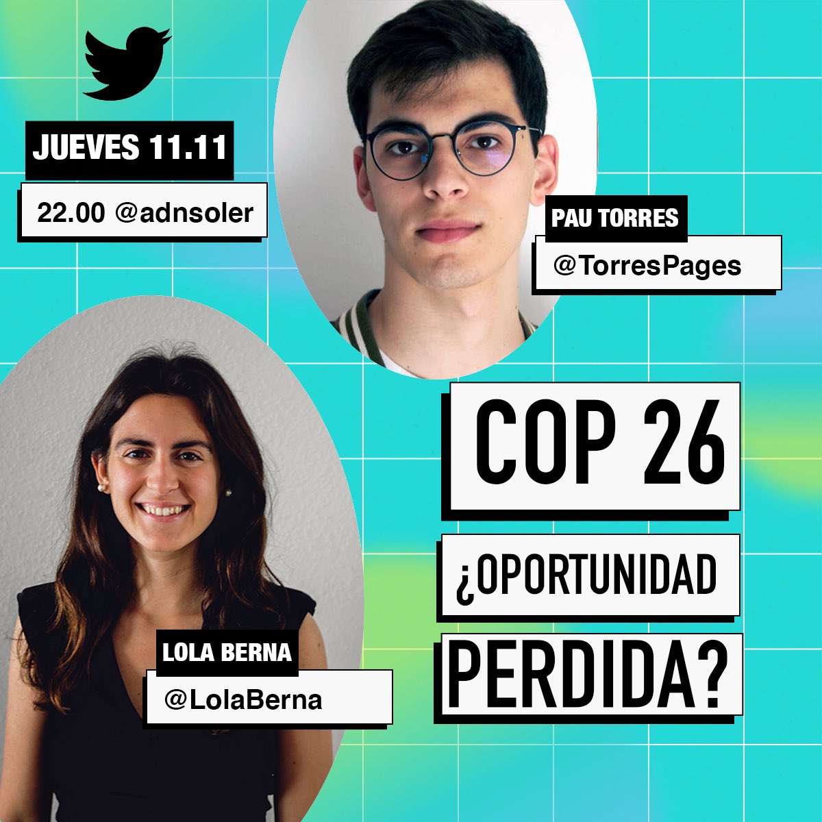 AdnSoler's tweet photo. Ens escoltem en una estona, a les 22h. Demà acaba la #cop26 i hem fet una selecció de moments èpics per comentar en directe en un Espai de Twitter. 🔗 https://t.co/wRg7pTk5mI

➡️@LolaBerna (@aemaupf)
➡️@TorresPages (@diaridebcn) https://t.co/MRQ04wRT6E