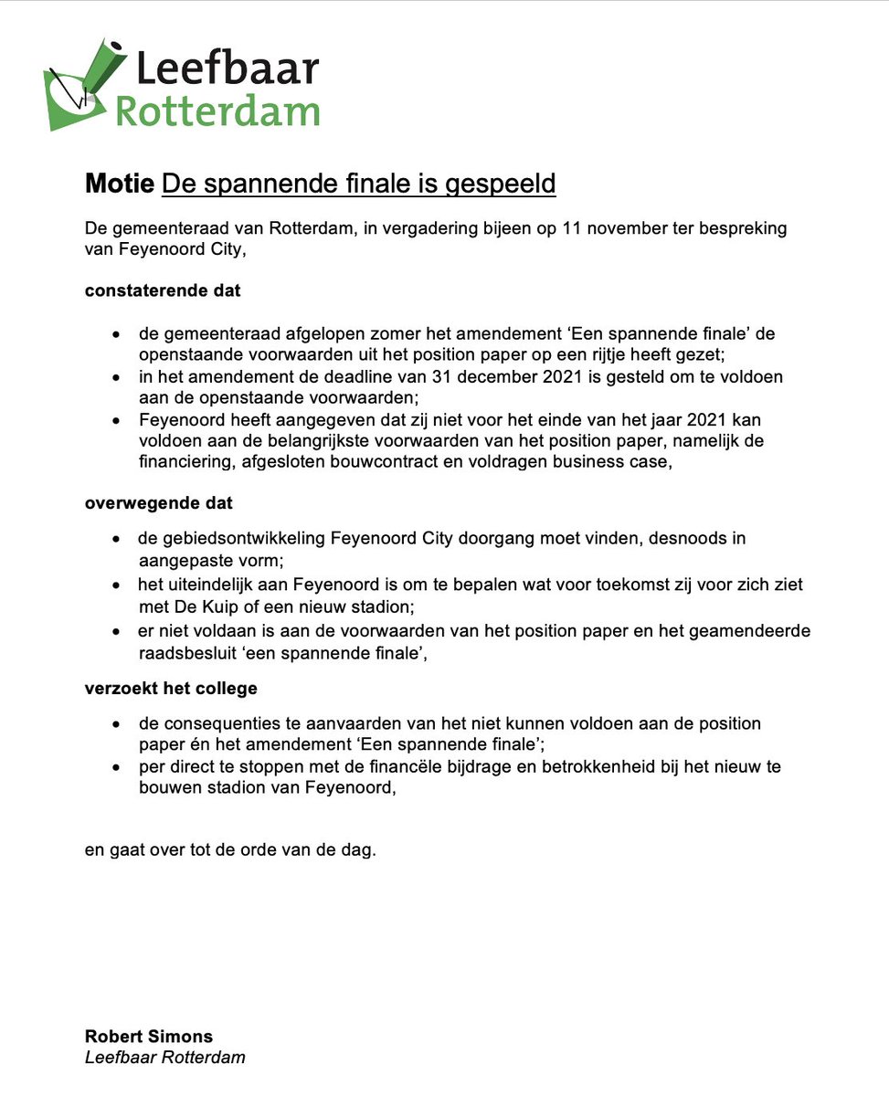 .<a href="/RobertSimonsLR/">Robert Simons</a> zal onderstaande motie indienen. <a href="/groenlinksrdam/">GroenLinks Rotterdam</a> @pvdarotterdam <a href="/VVDRotterdam/">De Rotterdamse VVD</a> en @cusgprotterdam  zouden in eerste instantie meetekenen maar zijn door het college teruggefloten. Wij houden echter ons rug recht. Wij draaien niet. Dat laten we over aan anderen.