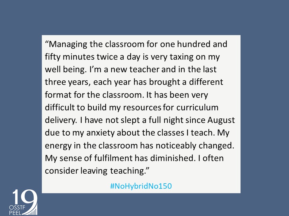 We are experiencing a significant teacher shortage in Peel and elsewhere, &amp; we are losing teachers at an alarming rate due to the <a href="/PeelSchools/">Peel District School Board</a> decision to have hybrid classes &amp; the <a href="/fordnation/">Doug Ford</a> decision to mandate modified semesters. There is a crisis in public ed. #NoHybridNo150