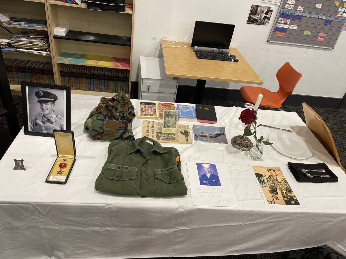 Student-generated White Table featuring 4 generations of servicemen #VeteransDay2021 @DTSchoolSeattle