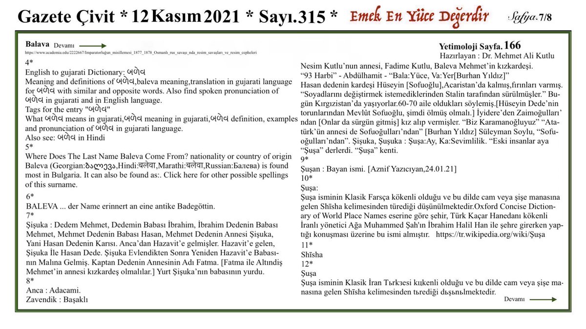Organel_BMI_Ltd's tweet photo. Gazete Çivit 12.11.21
Sayı.315     Sayfa.7/8

Etimoloji #balava Balava 
#Etimologie #Etimoloji #Etymology
#ethimolegia #étymologie #etymologia 
#Etymological #etymologically #Turkish 
Çalışma @Etimoloji_TR Adresinden de İzlenebilir.
Katkıda Bulunabilirsiniz. https://t.co/4EekA3yGAJ