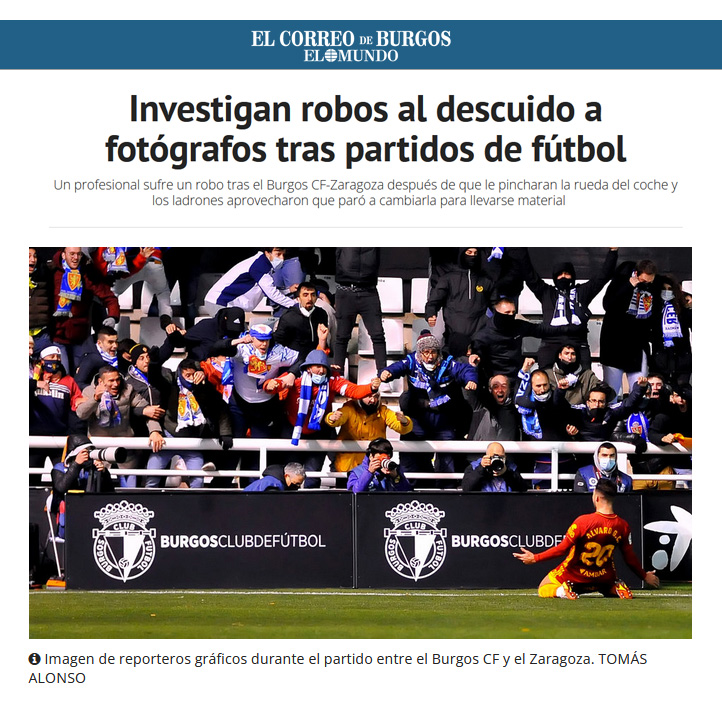 TomasAlonsoFOTO's tweet photo. ¡¡Nos están robando!! En las últimas jornadas de forma insistente en Zaragoza, Valladolid y Burgos lxs #fotoperiodistas hemos sufrido robos de equipo fotográfico tras los partidos de @LaLiga Emboscadas que generan incertidumbre en una profesión ya herida. https://t.co/djx93qakNY https://t.co/gzBeDrXVzX