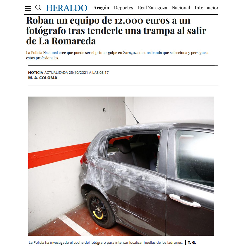 TomasAlonsoFOTO's tweet photo. ¡¡Nos están robando!! En las últimas jornadas de forma insistente en Zaragoza, Valladolid y Burgos lxs #fotoperiodistas hemos sufrido robos de equipo fotográfico tras los partidos de @LaLiga Emboscadas que generan incertidumbre en una profesión ya herida. https://t.co/djx93qakNY https://t.co/gzBeDrXVzX