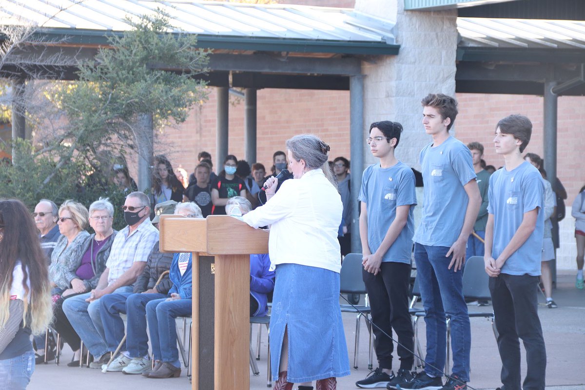 Today in DEN, Rho Kappa hosted the annual assembly honoring Veterans. The school nurse, Lieutenant Junior Grade Tara Jo Frost, US Navy Reserves, spoke, as well as officers in Rho Kappa and Mrs. Fortenberry. Band played “Taps” and choir performed two songs. Thank you, Veterans!