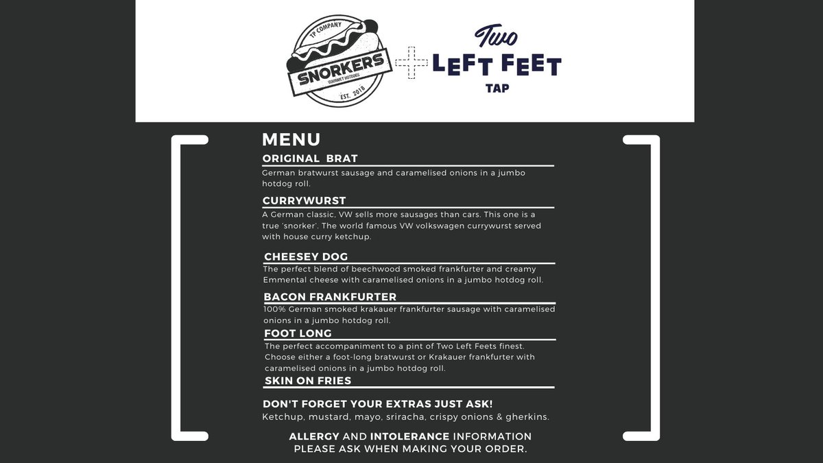 tpcsnorkers's tweet image. We are with the team at @twoleftfeettap from 5:30 pm tomorrow night. Loads of sausage, beer, and cider combos to try. 😋