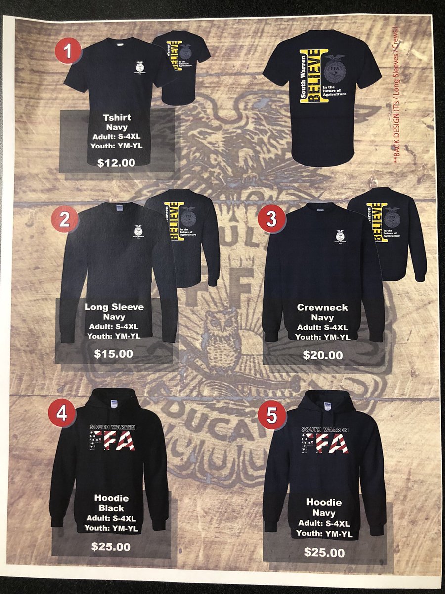swffaky's tweet photo. FFA apparel is here!! All items are navy except for #4 which is black. Shoutout to @avery cole and @gparrott22 for designing these items! You can contact South Warren FFA to order and send a check to SWHS or FFA members can sign a sheet in the one of the ag teachers rooms https://t.co/48FhY1v8K4