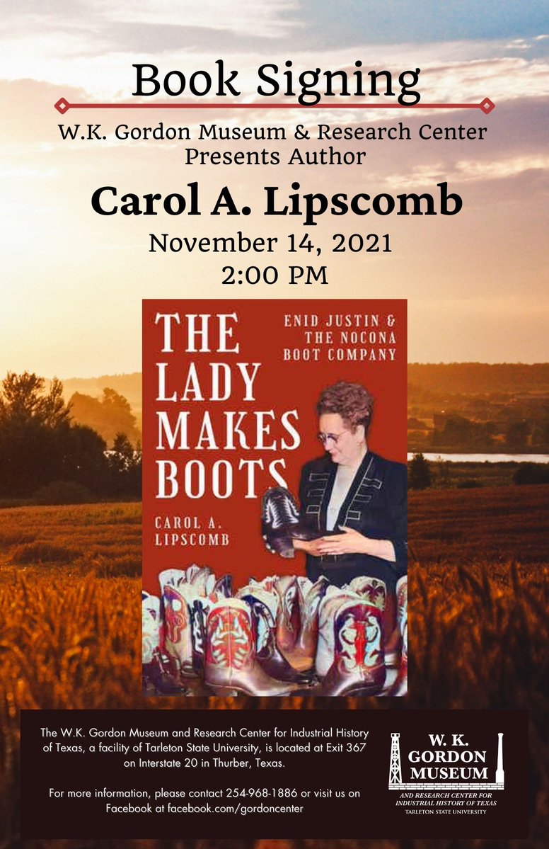 TarletonAlum's tweet photo. Head out to the W.K. Gordon Museum & Research Center & meet w/ author Carol A. Lipscomb as she speaks on her new book "The Lady Makes Boots". From 2-4 on Sunday, November 14
#book #booksigning #booksigningevent #booksigningevents #booksigningsession #museum #museumlife #museums https://t.co/eSA7dtUp44