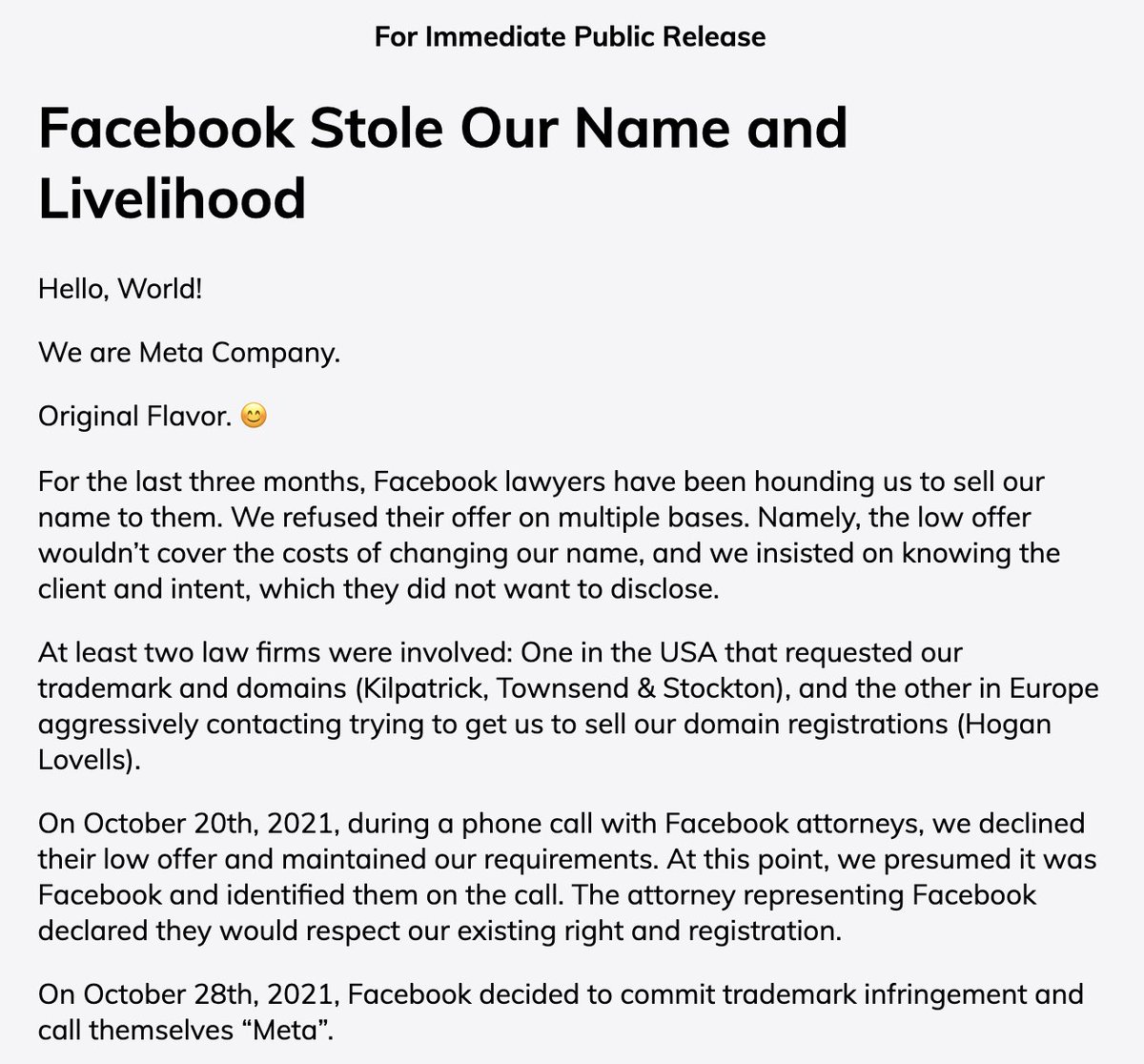 seldo's tweet image. Turns out there was already a company called "Meta" who refused to sell their trademark to Facebook so Facebook just... committed trademark infringement and hoped to steamroll them with lawyers? Excellent start to their new, more caring image. meta.company
