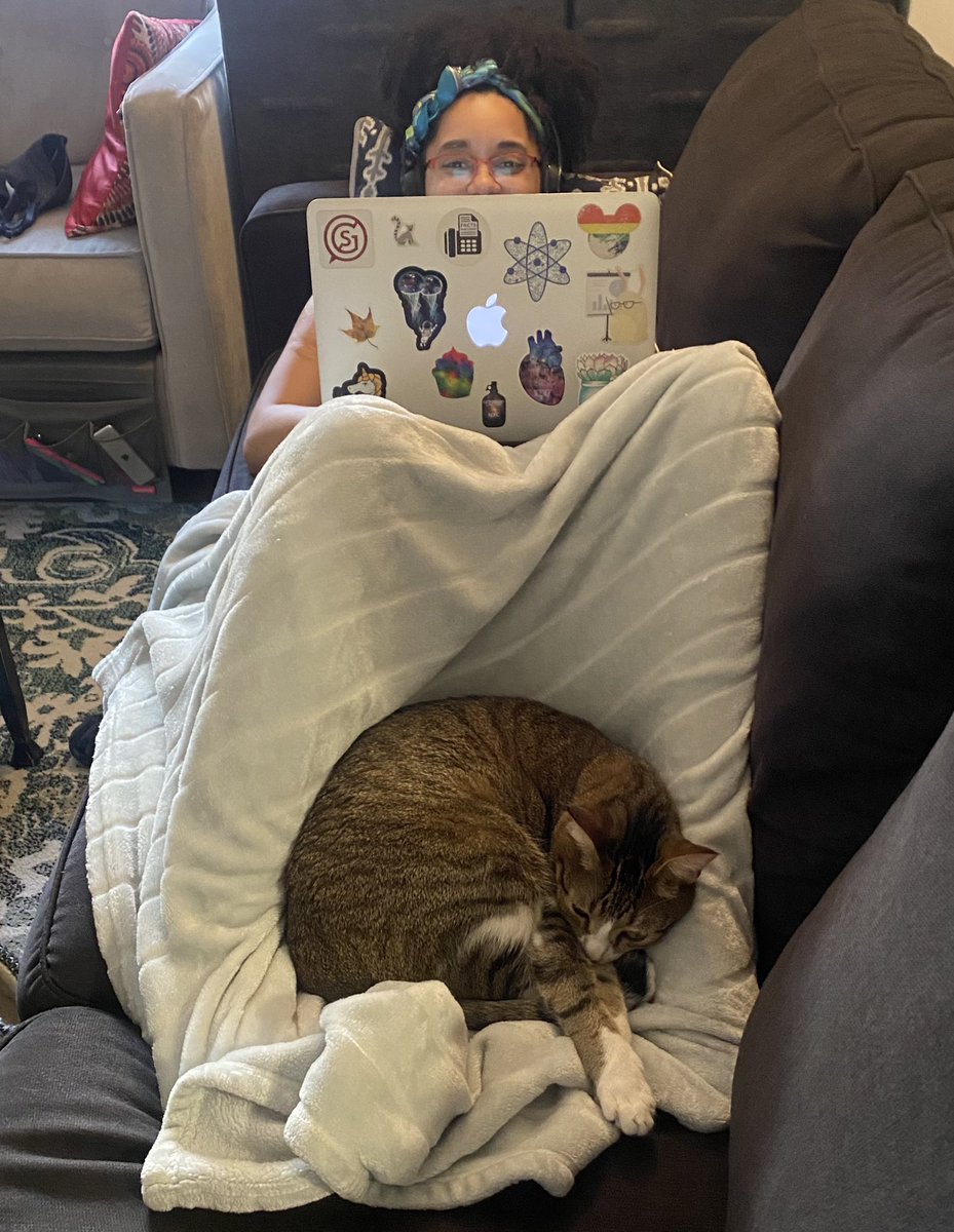 I am laying on a dark gray couch, peeking over my open laptop and covered in a light grey blanket. Kosmo, a brown cat, is curled up on top of the blanket at my feet