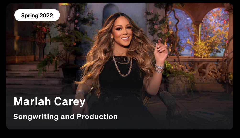 MariahTrends's tweet image. First Look: @MariahCarey for @MasterClass. Her work will focus on “Songwriting and Production” in Spring 2022. #MasterClassFirstLook