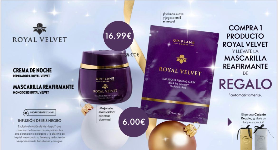 ❇️ ROYAL VELVET ❇️ 

✨ Crema de noche
✨ Mascarilla reafirmante

* Compra la crema y te llevas la mascarilla totalmente gratis! 🤭

Para más información 📩