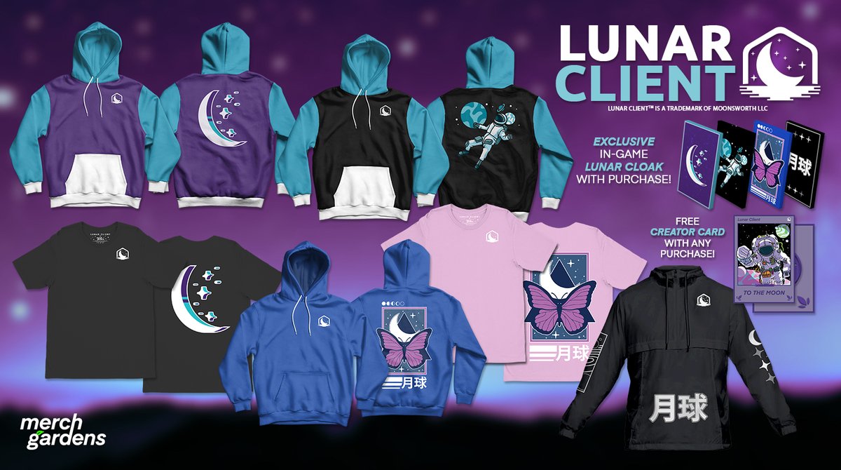 Lunar cosmetics...IRL 👀

Available Saturday at 3PM. ⏳

Each purchase comes with an exclusive in-game cloak matching the design. 💫

Retweet, Like, and Follow for a chance to win 3 items of your choice! 🚀

merch.lunarclient.com 
merch.lunarclient.com
merch.lunarclient.com