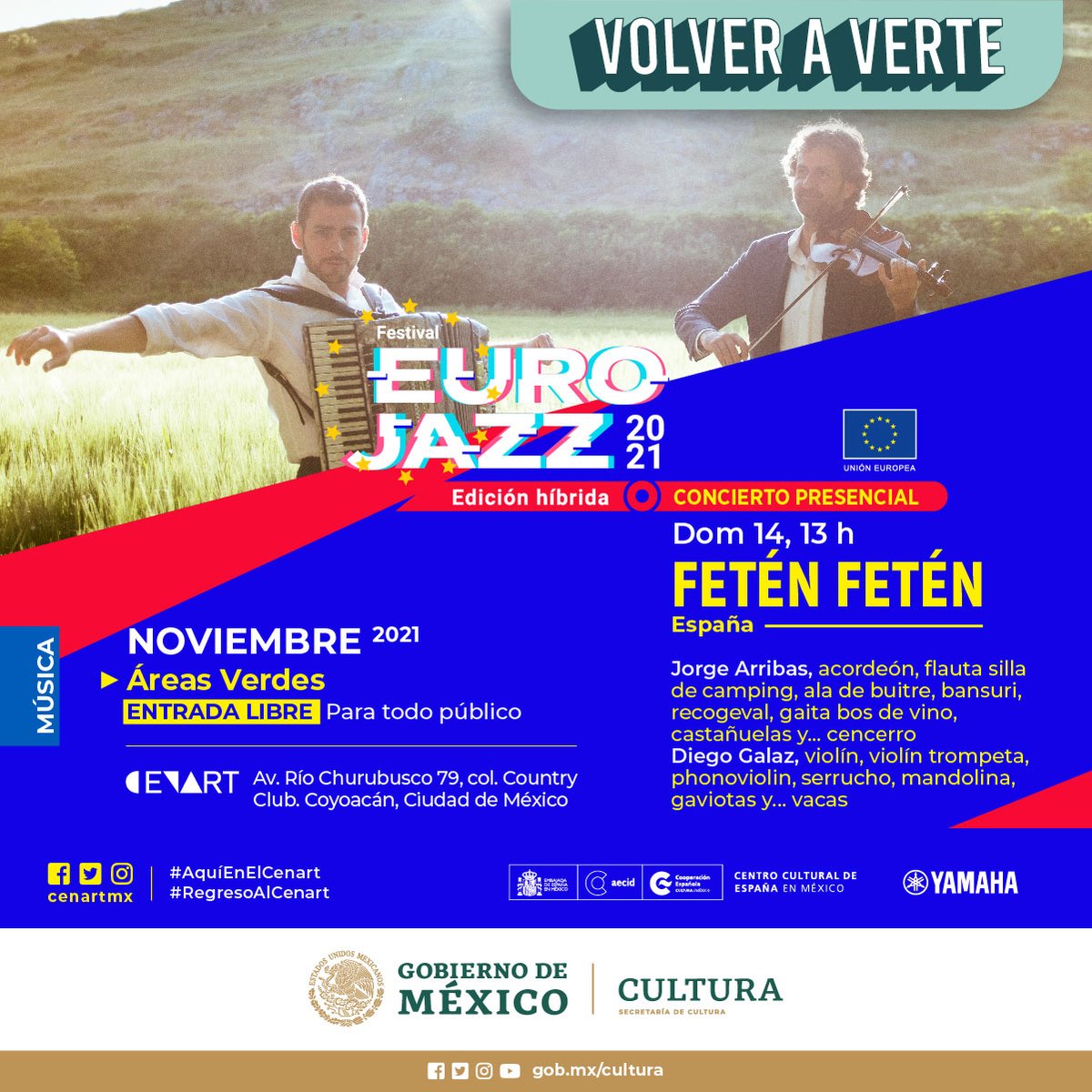 UEenMexico's tweet photo. Desde España 🇪🇸 llega @duofeten para presentarse en la edición 24 del Festival #Eurojazz 🇪🇺🎷

¡No te pierdas su concierto presencial!

🗓️ Domingo 14 de noviembre
⏰ 13:00 hrs
📍 Áreas verdes del @cenartmx

¡Entrada Libre! 🤩

Programación completa en: https://t.co/Ogmp0hp1iX https://t.co/Uo9rnuGuCw