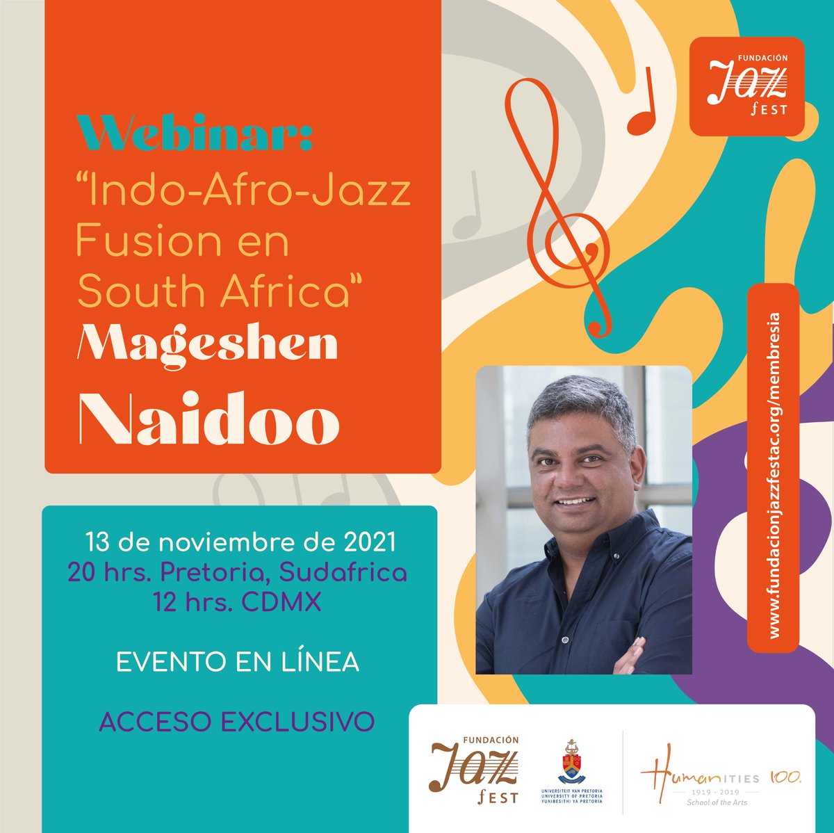 SEMINARIO VIRTUAL
“Indo-Afro-JazzFusion en South Africa”
Imparte: Mageshen Naidoo
Guitarrista / compositor / educador
13 Noviembre 2021
 20 hrs, Pretoria 🇿🇦￼
 12 hrs CDMX 🇲🇽
𝗥𝗲𝗴𝗶́𝘀𝘁𝗿𝗮𝘁𝗲 
 fundacionjazzfestac.org/membresia/
#FundaciónJazzfest #nowisthetime #seminario #AfroJaz