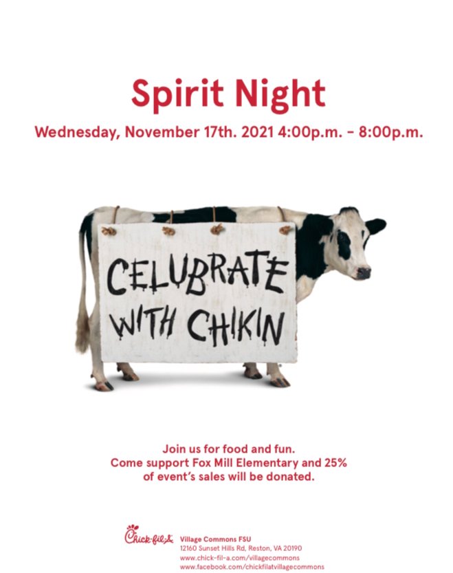 CFAReston's tweet photo. Join us this evening from 4-8 p.m. for our Spirit Night event tonight hosted by Fox Hill Elementary School! You must mention Fox Hill Spirit Night when placing order. Add "FH Fundraiser" in special comments when mobile ordering. #SpiritNight https://t.co/RIt8WOTdRD