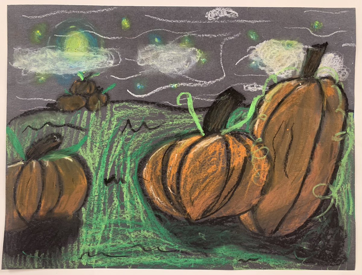 JoeFosterArt's tweet photo. In October, Salem Hyde students created drawings of pumpkins. Students in 4th Grade drew pumpkins at night in oil pastel. Pattern pumpkins were drawn by 3rd grade students. https://t.co/WPBjUQMLuf