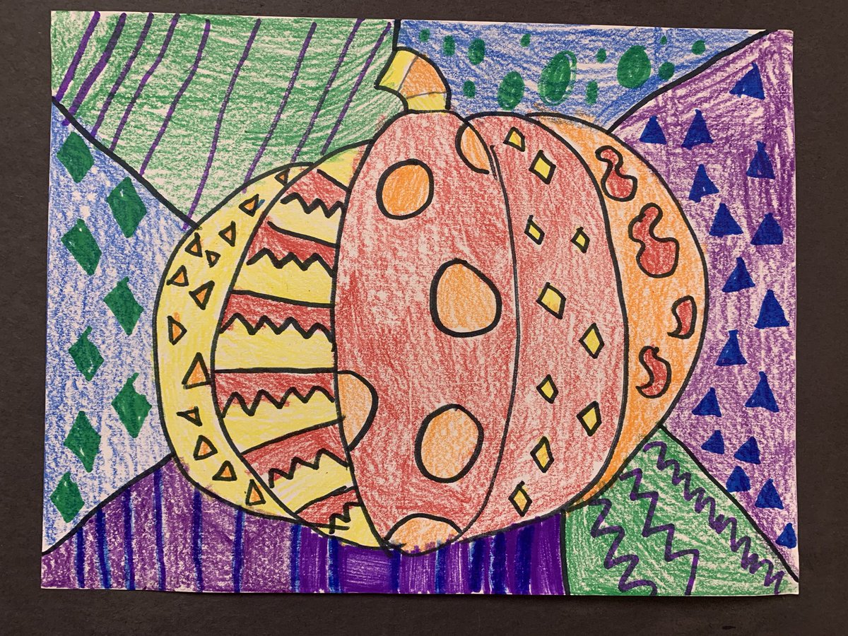 JoeFosterArt's tweet photo. In October, Salem Hyde students created drawings of pumpkins. Students in 4th Grade drew pumpkins at night in oil pastel. Pattern pumpkins were drawn by 3rd grade students. https://t.co/WPBjUQMLuf