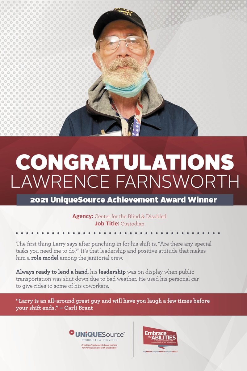 UniqueSourcePA's tweet image. Congratulations to Lawrence Farnsworth, another 2021 UniqueSource Source Achievement Award Winner!!!!  Lawrence works at Center for the Blind and Disabled as a Custodian.  Thanks Lawrence for being a Super Star!!