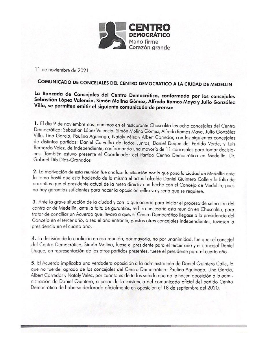 simonmolinag's tweet photo. Lo ocurrido este 10 de noviembre en el Concejo de Medellín fue una maniobra política del "quinterismo" en convenio con algunos quinteristas del CD.

COMUNICADO OFICIAL @CeDemocratico https://t.co/7uKfIIqDOL