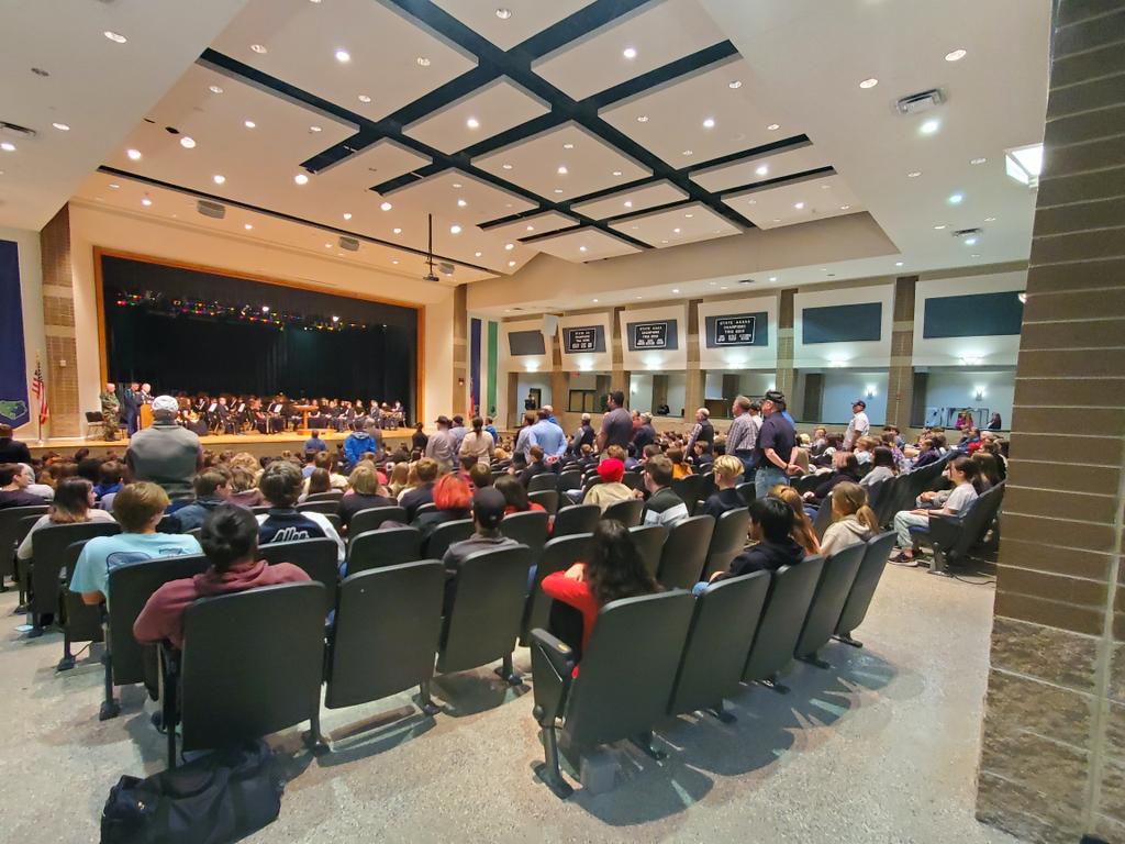 Prin_Santoro's tweet photo. Another outstanding job by our JROTC with a little help from our band and chorus.  We had a packed house to thank and recognize veterans in the CVHS community. https://t.co/69KdIjw1HS