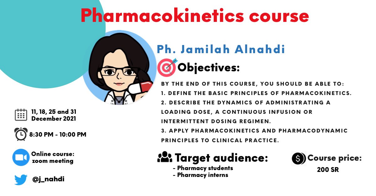 j_nahdi's tweet photo. دورة حركية الدواء .. 
محاضرة أسبوعية لمدة ٤ أسابيع تساعدك في تبسيط مفاهيم حركية الدواء وتكوين أساس يساعدك في حل المسائل المتعلقة بالمواضيع الموجودة بالصورة أدناه👇🏻
للتسجيل: 
https://t.co/XAE3UOplIV https://t.co/ofmlYzCNBX