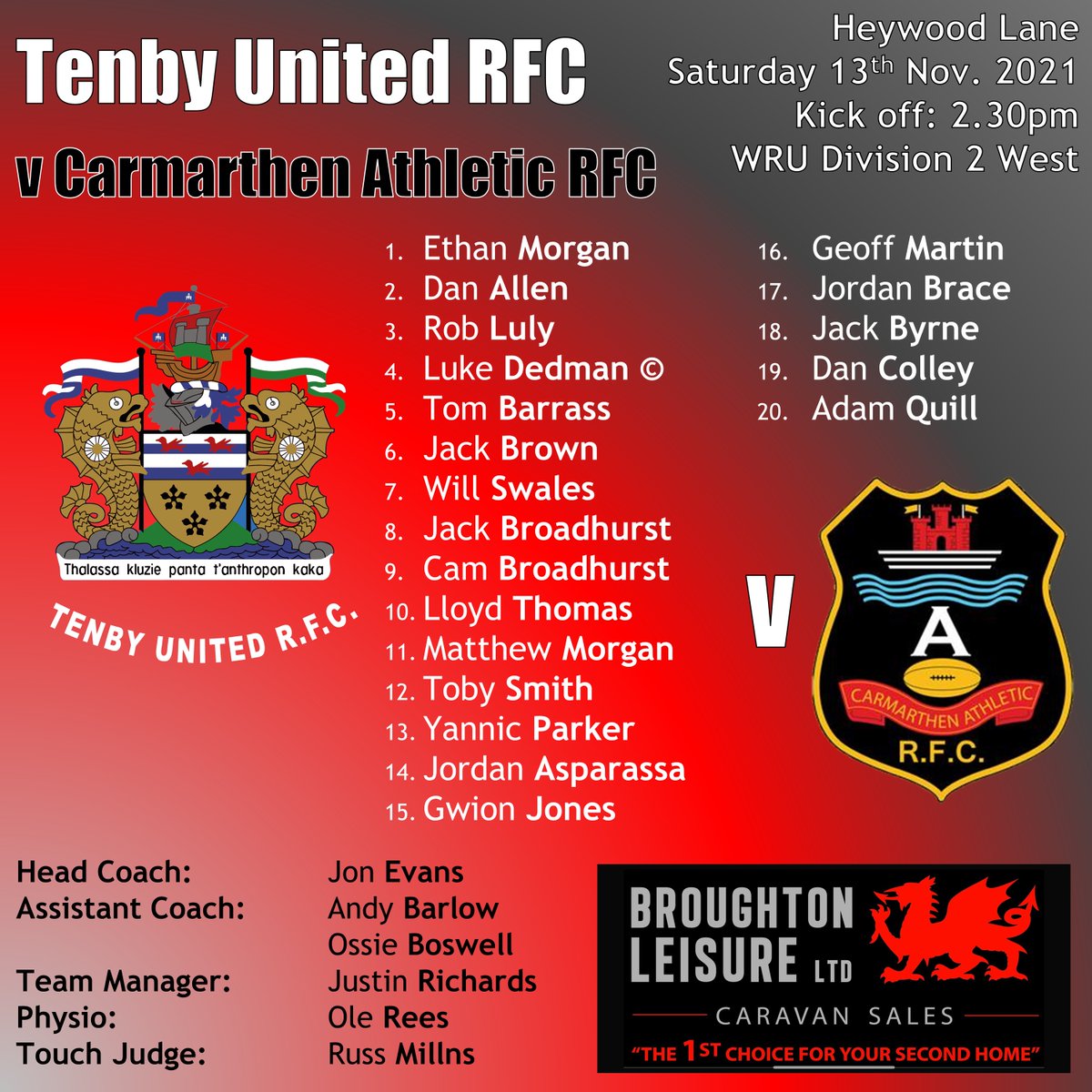TenbyUTDRFC's tweet photo. Here's the 1st XV squad that welcome Carmarthen Athletic to Heywood Lane for our first league game in a while!

🆚 @CarmAthletic
📅 13th November 2021
⏰ 2.30pm
🏟️ Heywood Lane
🏆 WRU Division 2 West

#seasiders #oneclub 

🔴⚫🔴⚫🔴⚫🔴⚫🔴⚫🔴⚫🔴⚫ https://t.co/hu1US8Sqju